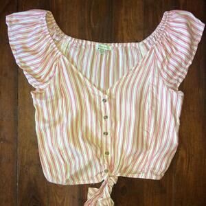 American Eagle Striped Button-Up Pink/White Crop Top - Size S